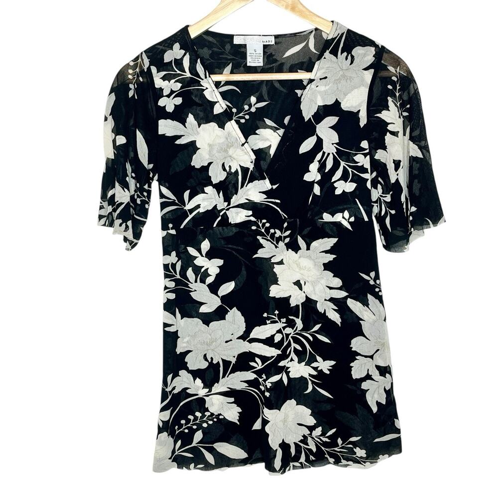 Y2K Mesh Floral Babydoll Top Womens Small Sheer Fairy Nature Romantic Ethereal